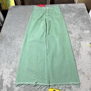 Miou Muse Pants Women's M Marine Wide Leg Raw Hem Green Stretch Boho Indie